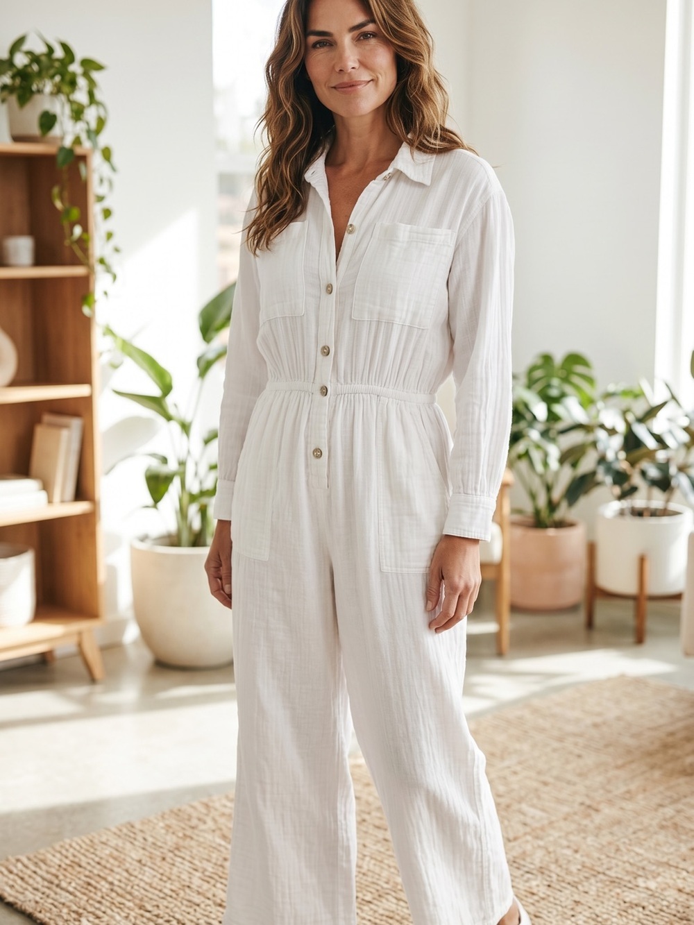 JEN’S PIRATE BOOTY Cotton Wide Leg White Button Up Long Sleeve Gauze Jumpsuit